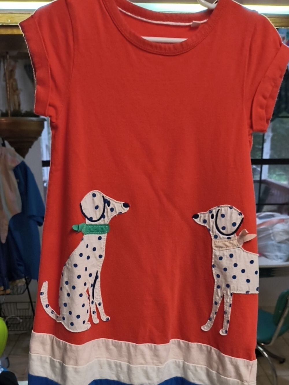 Mini Boden Bright Orange Girls' Dress with Polkadot Dogs Sz 5-6 GUC.